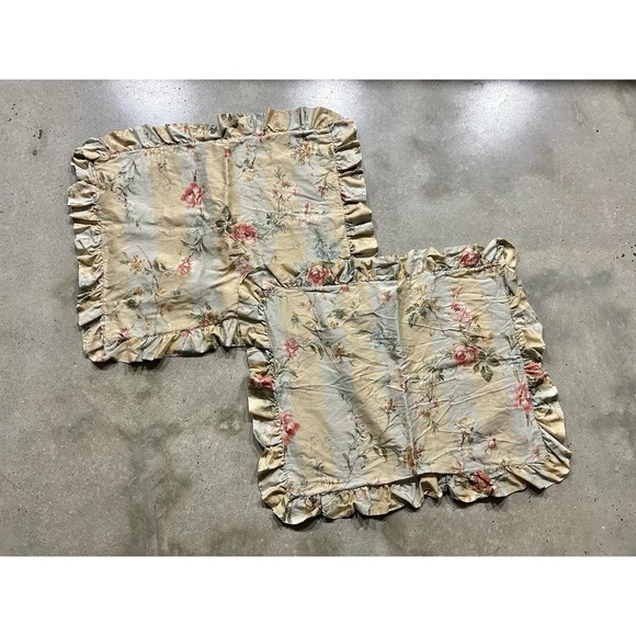 Ralph Lauren Highfields Floral Striped Ruffled Standard Sham Lot Of 2 - Picture 1 of 6